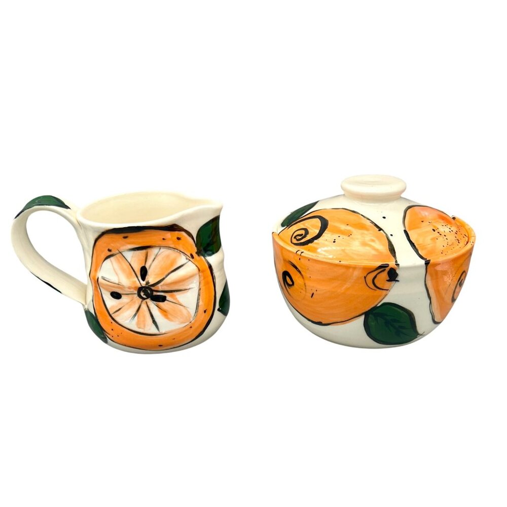 Art Studio Pottery Creamer Pitcher Lidded Sugar Bowl Set Oranges Citrus Signed